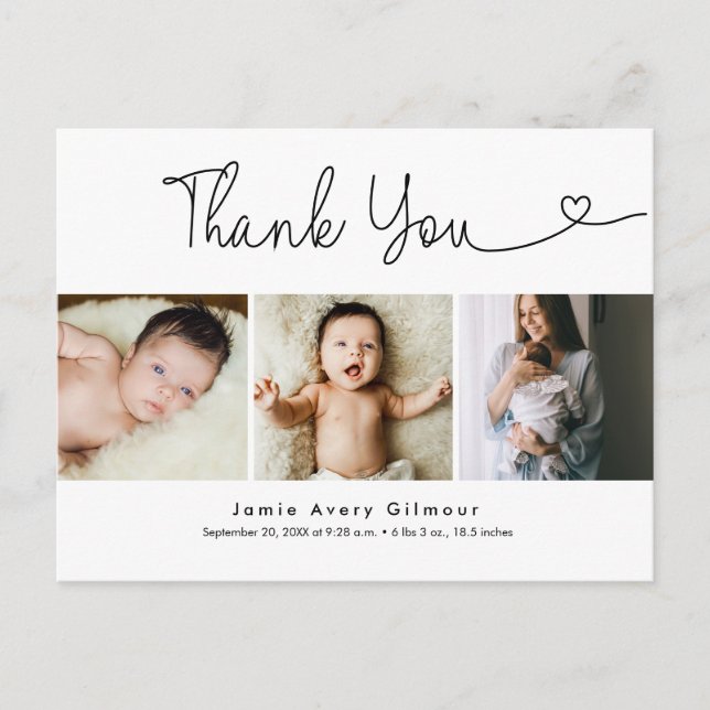 Modern Script heart photo collage baby thank you Postcard (Front)