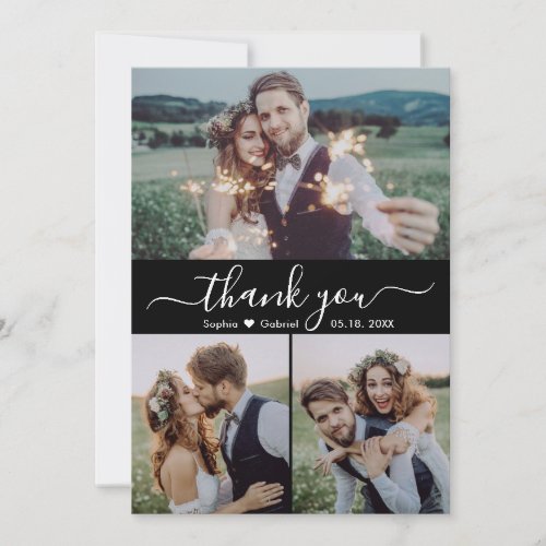 Modern Script Heart Photo Collage Black Wedding Thank You Card