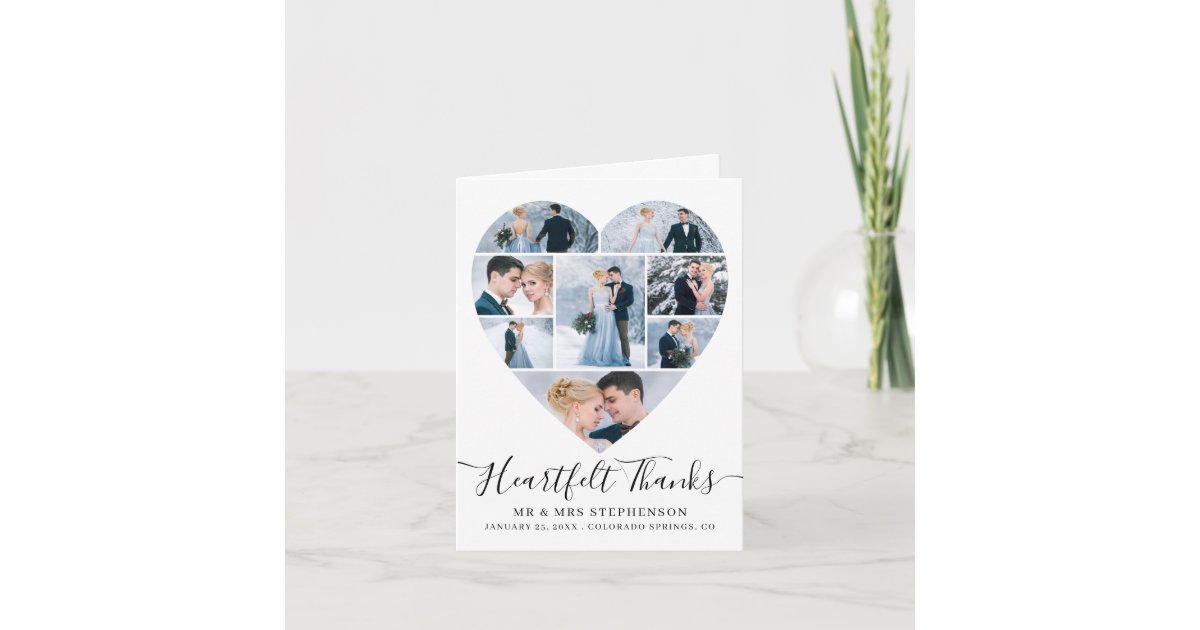 Modern Script Heart Photo Collage Love Wedding Thank You Card | Zazzle