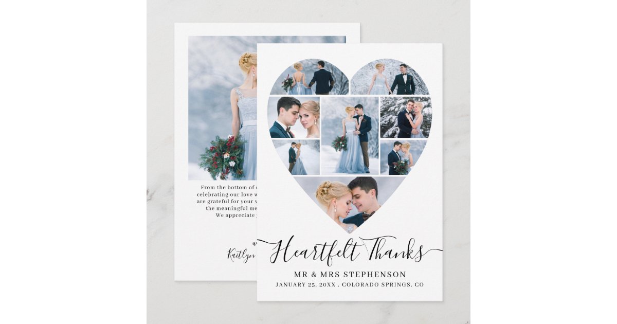 Modern Script Heart Photo Collage Wedding Thank You Card | Zazzle