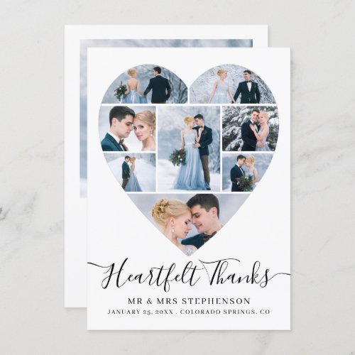 Modern Script Heart Photo Collage Wedding Thank You Card