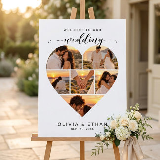 Modern Script Heart Photo Collage Wedding Welcome Foam Board