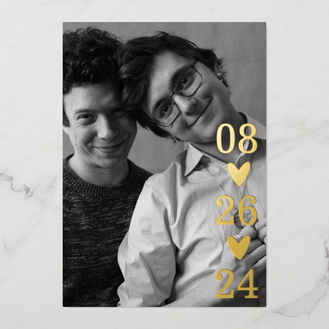 Modern Script Heart Photo Save the Date  Foil Invitation (Front)