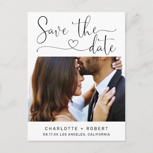 Modern script heart photo wedding save the date announcement postcard