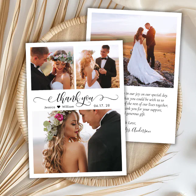 Modern Script Heart Photo Wedding Thank You Card | Zazzle