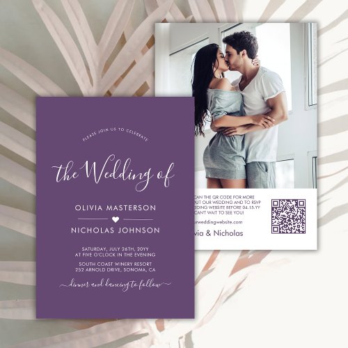 Modern Script Heart Purple QR Code Photo Wedding Invitation