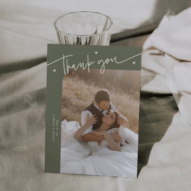 Modern Script Heart Sage Green Wedding Thank You Card | Zazzle