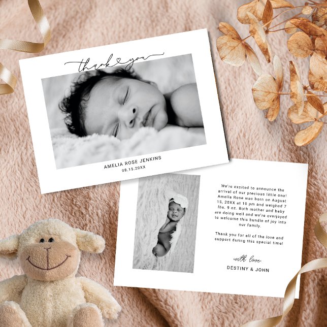 Modern Script Heart Thank You Baby Photo Birth Announcement (Creator Uploaded)