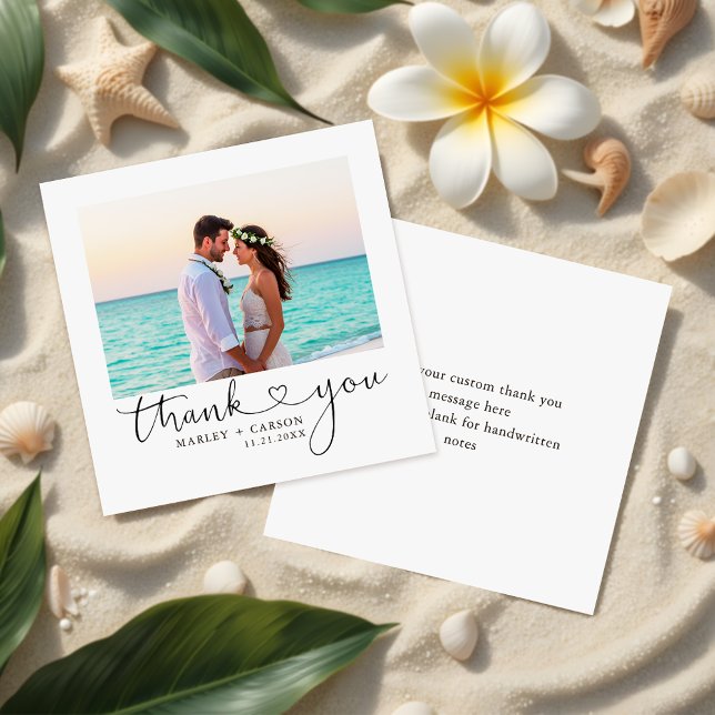 MODERN Script Heart Wedding Photo Budget Thank You Note Card (Creator Uploaded)