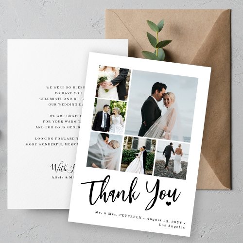 Modern script heart wedding photo collage thank you card