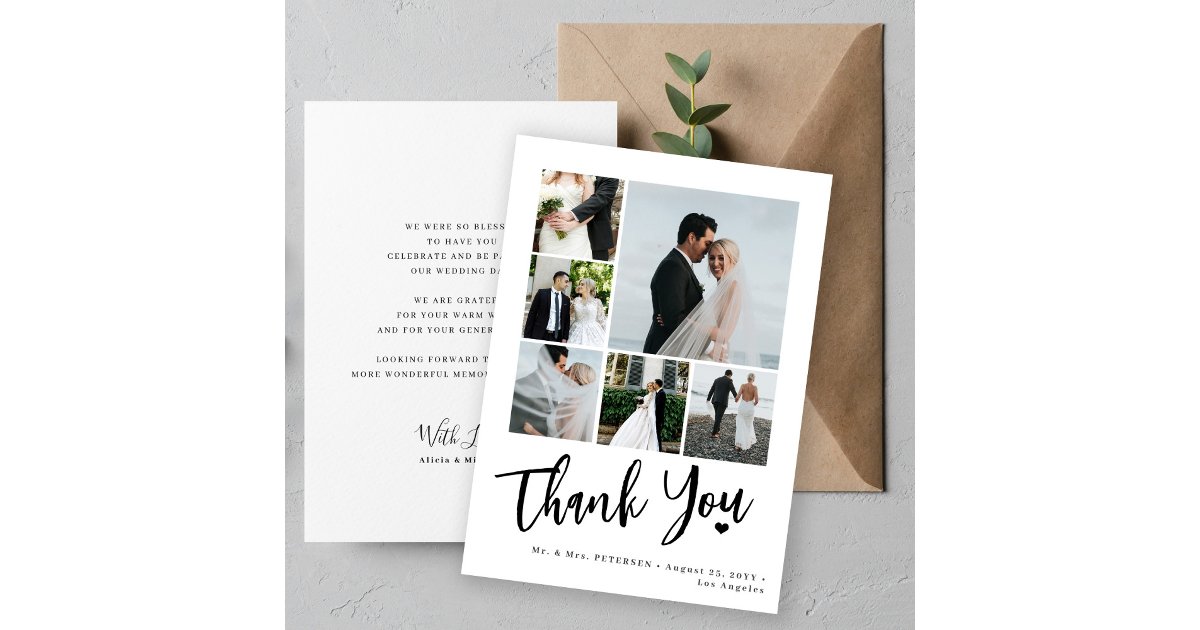Modern script heart wedding photo collage thank you card | Zazzle