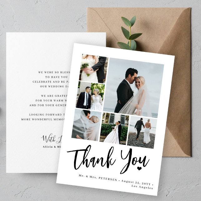Modern script heart wedding photo collage thank you card (Creator Uploaded)