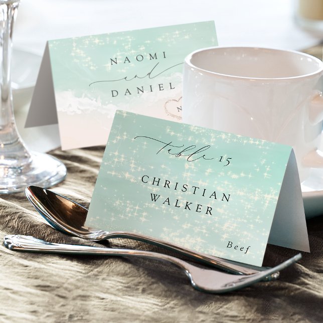 Modern Script Hearts Beach Foldable Place Card (Modern Script Hearts Beach Foldable Place Card)