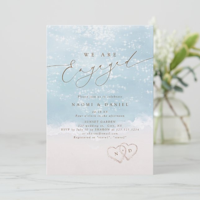 Modern Script Hearts In The Sand Beach Engagement  Invitation (Standing Front)