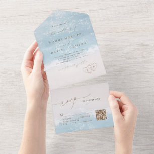 Modern Script Hearts in the sand Beach wedding  All In One Invitation