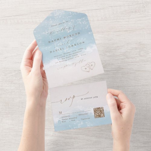 Modern Script Hearts in the sand Beach wedding  All In One Invitation