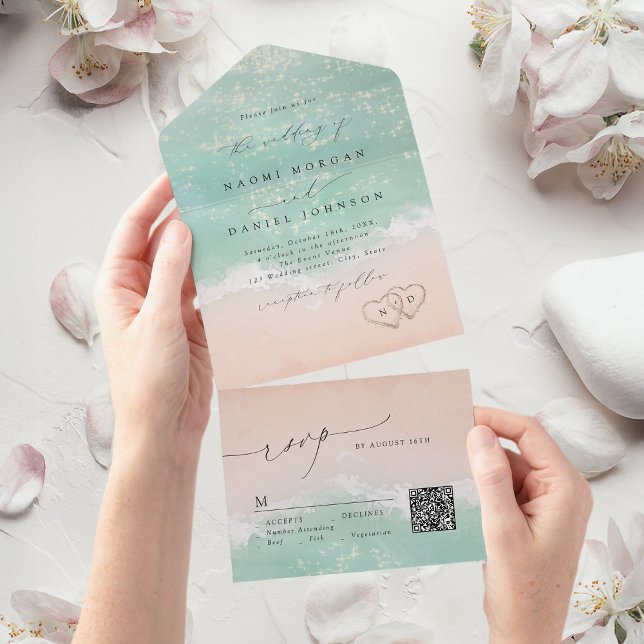 Modern Script Hearts in the sand Beach wedding  All In One Invitation (Modern Script Hearts in the sand Beach wedding All In One Invitation)