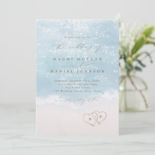 Modern Script Hearts In The Sand Beach Wedding  Invitation