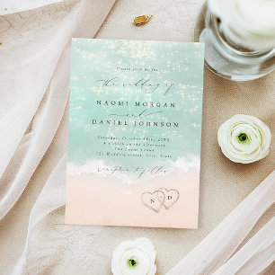Modern Script Hearts In The Sand Beach Wedding Invitation