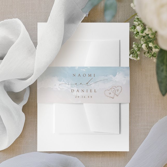 Modern Script Hearts In The Sand Beach Wedding  Invitation Belly Band (Modern Script Hearts In The Sand Beach Wedding Invitation Belly Band)