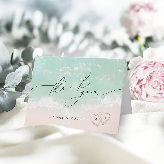 Modern Script Hearts In The Sand Beach Wedding  Letterpress Thank You Card (Modern Script Hearts In The Sand Beach Wedding Thank You Card)
