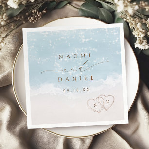 Modern Script Hearts In The Sand Beach Wedding Napkins
