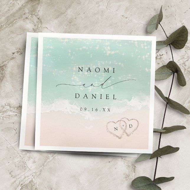 Modern Script Hearts In The Sand Beach Wedding  Napkins (Modern Script Hearts In The Sand Beach Wedding Napkins)