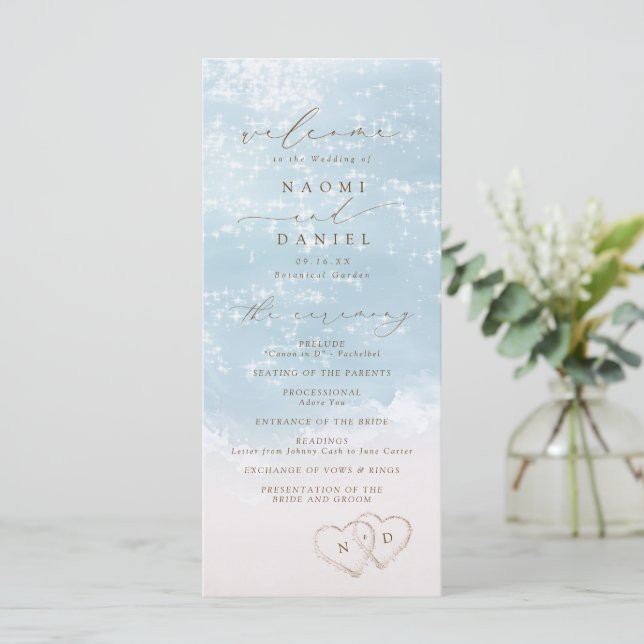 Modern Script Hearts In The Sand Beach Wedding  Program (Standing Front)