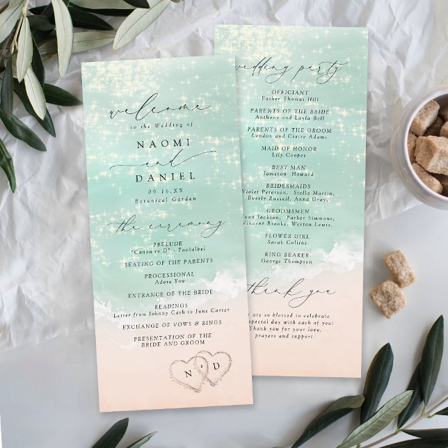 Modern Script Hearts In The Sand Beach Wedding  Program (Modern Script Hearts In The Sand Beach Wedding Program)