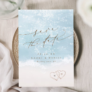 Modern Script Hearts In The Sand Beach Wedding Save The Date