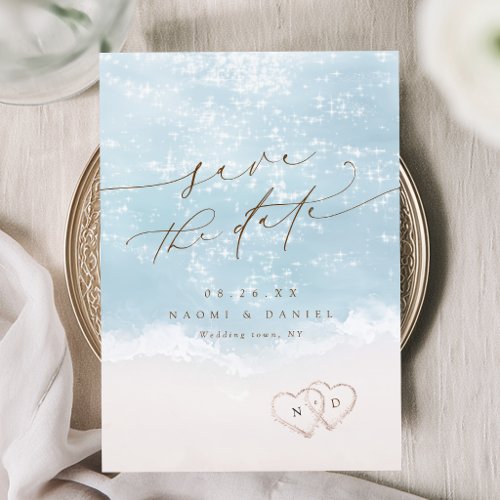 Modern Script Hearts In The Sand Beach Wedding  Save The Date