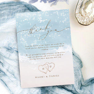 Modern Script Hearts In The Sand Beach Wedding  Thank You Card
