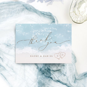 Modern Script Hearts In The Sand Beach Wedding  Thank You Card