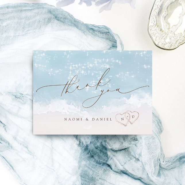 Modern Script Hearts In The Sand Beach Wedding  Thank You Card (Modern Script Hearts In The Sand Beach Wedding Thank You Card)