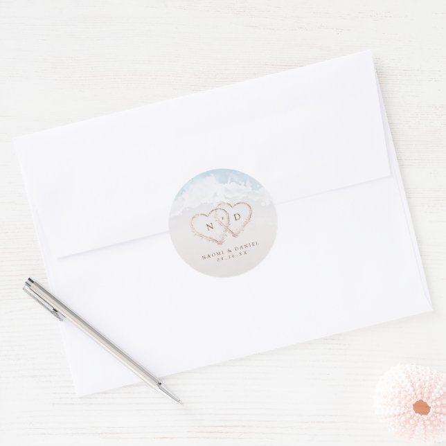 Modern Script Hearts Monogram Beach Wedding Favors Classic Round Sticker (Envelope)