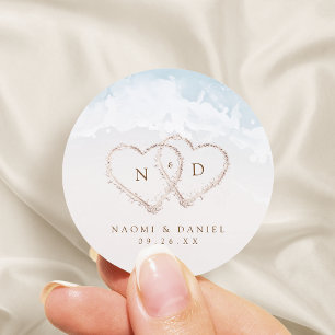 Modern Script Hearts Monogram Beach Wedding Favors Classic Round Sticker