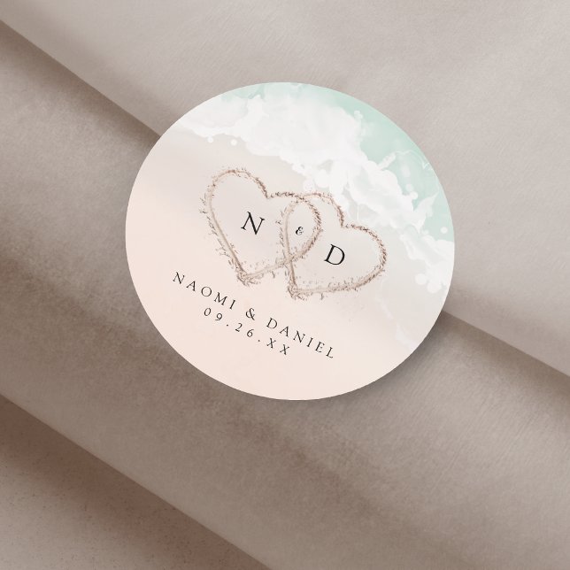 Modern Script Hearts Monogram Beach Wedding Favors Classic Round Sticker (Modern Script Hearts Monogram Beach Wedding Favors Classic Round Sticker)
