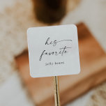 Modern Script His Favorite Wedding Favor Square Sticker<br><div class="desc">These modern script his favorite wedding favor stickers are perfect for a minimalist wedding. The simple black and white design features unique industrial lettering typography with modern boho style. Customizable in any color. Keep the design minimal and elegant, as is, or personalize it by adding your own graphics and artwork....</div>