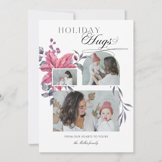 Modern Script Holiday Hugs 3-Photo Floral (Front)