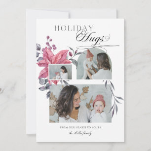 Modern Script Holiday Hugs 3-Photo Floral