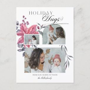 Modern Script Holiday Hugs 3-Photo Floral Postcard