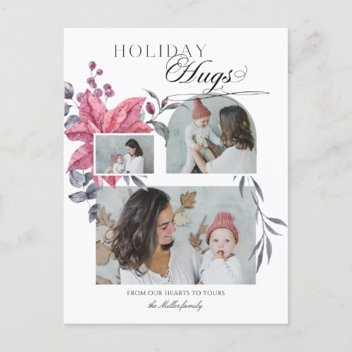 Modern Script Holiday Hugs 3_Photo Floral Postcard