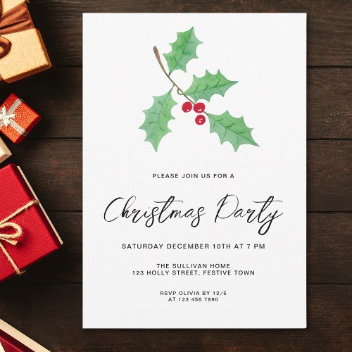 Modern Script Holly Christmas Party Invitation