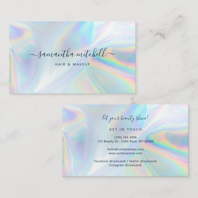 Modern Script Holographic Beautician Makeup Business Card (Front/Back)
