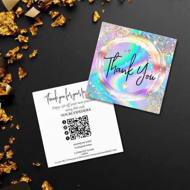 modern script holographic thank you for your order square business card (holographic glitter thank you for your business card)