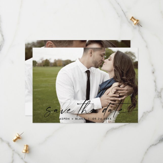Modern Script Horizontal Light Photo Save The Date (Front/Back In Situ)