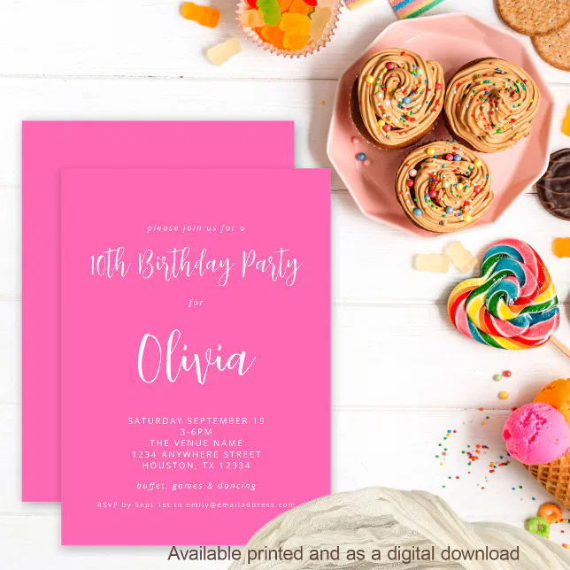 Modern Script Hot Pink 10th Birthday Party Invitation | Zazzle