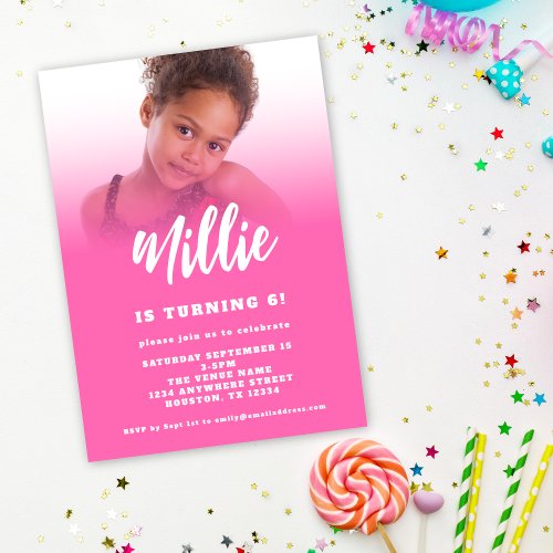 Modern Script Hot Pink Photo 6th Birthday Party In Invitation
