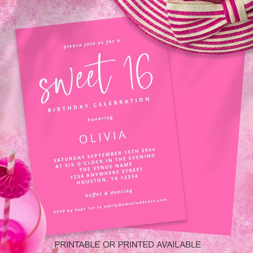 Modern Script Hot Pink Sweet 16 Birthday Party Invitation