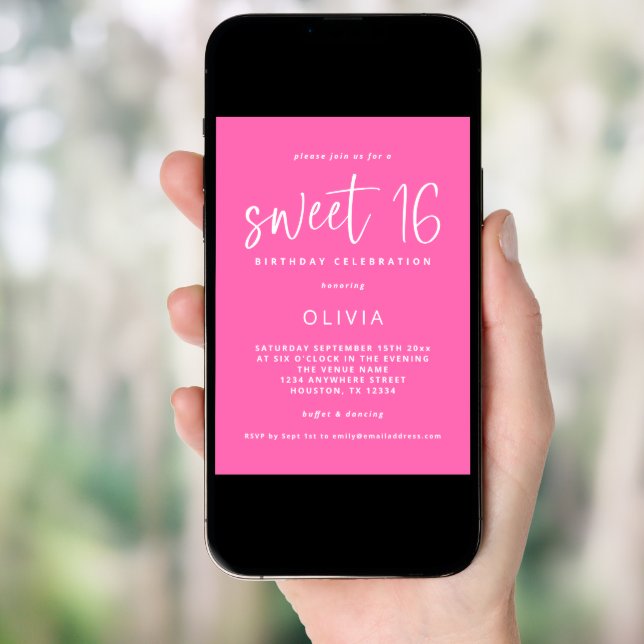 Modern Script Hot Pink Sweet 16 Birthday Party Invitation (Front Digital)